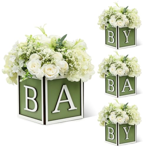 Acmee 4 Set Baby Shower Centerpieces for Tables - 6 inch Wooden Boxes with Baby Letters Rustic Cube Planter Wood Blocks for Gender Reveal Party Favor (Green) by Acmee - Used condition - US$13.60