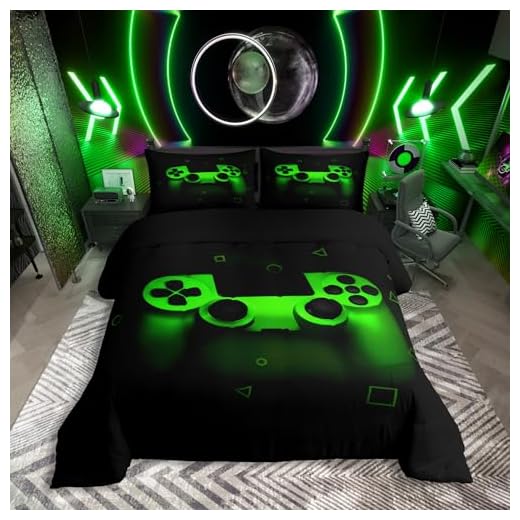 Gamer Bettwäsche Sets für Jungen 135x200,Gaming Bettbezug Kinder Teens Männer Videospiel Zimmer Dekor Reversible Tröster Abdeckung Grün Retro Game Controller Weicher Luxus 2 Stücke