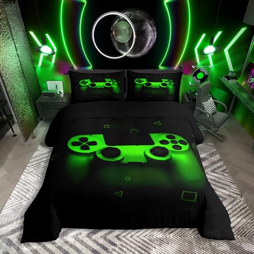Gamer Bettwäsche Sets für Jungen 135x200 Gaming Bettbezug Kinder Teens Männer Videospiel Zimmer Dekor Reversible Tröster Abdeckung Grün Retro Game Controller Weicher Luxus 2 Stücke