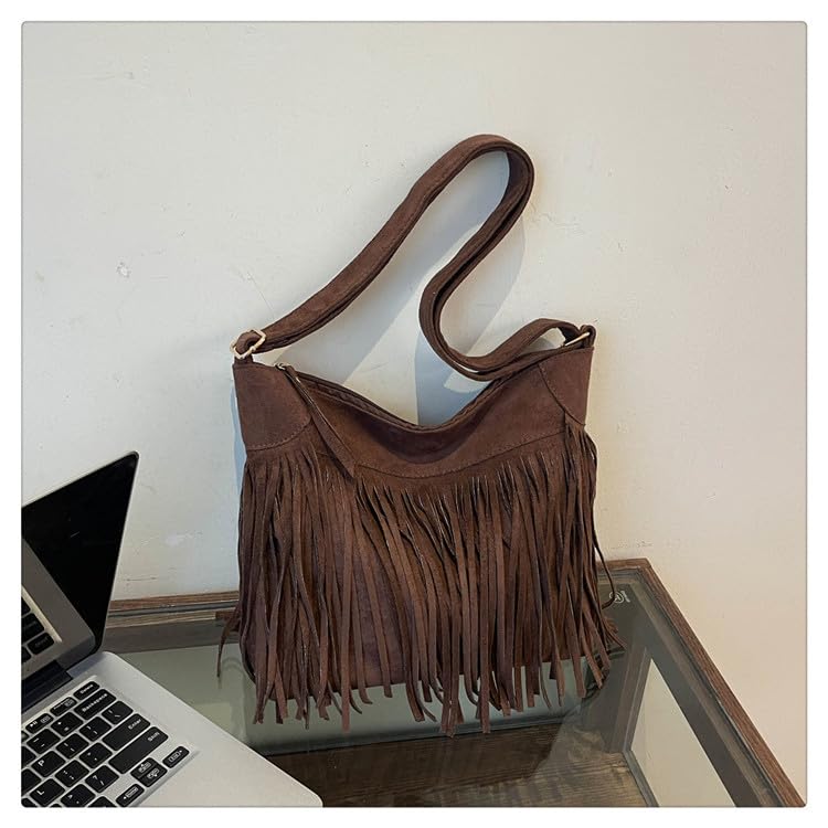 Image of Fringe Hobo Bags for Women - Vintage Suede Tassel Hippie Crossbody Bag Western Purse Cowgirl Purses Tassel Shoulder Bag