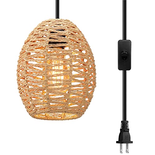 Plug In Pendant Light, Hanging Lights With Plug In Cord, Rattan Hanging Lamp With Farmhouse Boho Woven Lampshade Industrial Plug In Hanging Ceiling Light Fixture Pendant Lighting For Kitchen Island #TOP4