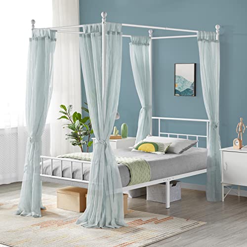 Yaheetech Metal Canopy Platform Bed Frame Four-Poster Canopied Bed Mattress Foundation With Headboard And Footboard Sturdy Slatted Structure No Box Spring Needed Easy Assembly Twin White #TOP3