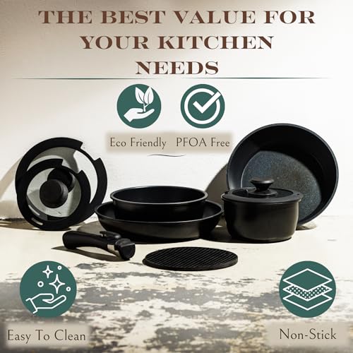 Moss & Stone 10 Pcs Black Pots And Pans Set Removable Handle, Induction Cookware Set, Stackable Pots And Pans Set Dishwasher Safe, Detachable Handle Pots And Pans, Camping Cookware Set Non Stick - Thumbnail 6