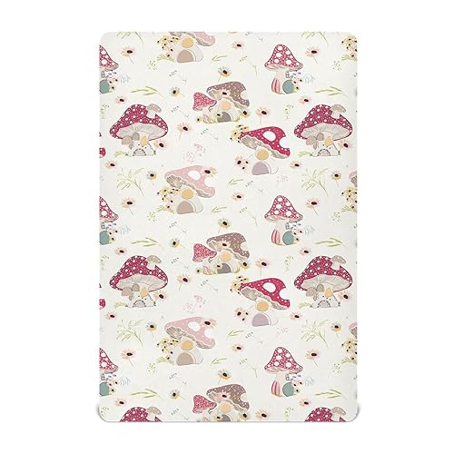 Image of KICPOAY Fitted Crib Sheets Mushroom with Daisy Stretchy Portable Playard Sheets for Baby Toddler, Breathable Soft Mini Crib Mattress 39 x 27 in for Boys and Girls
