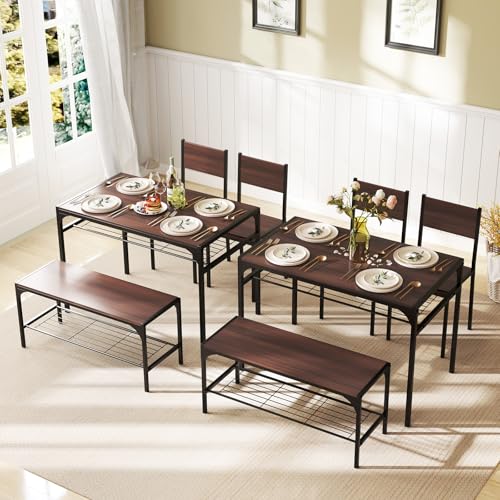Image of Giantex Dining Table Set for 4, Kitchen Table with Chairs & Bench, Storage Racks, Metal Frame, 4-Piece Space-Saving Dinette Set for Dining Room, Breakfast Nook, Small Space, Apartment, Walnut