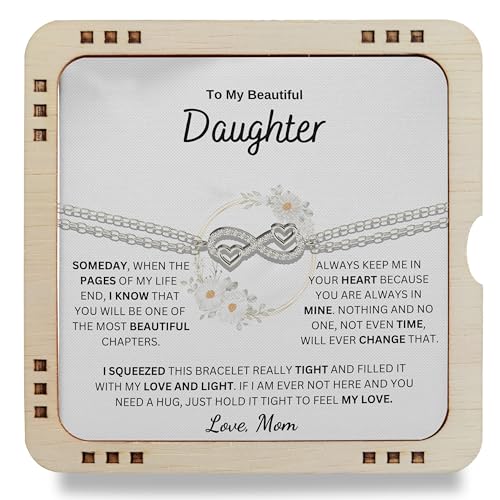 Image of Mothers Day Gifts To My Beautiful Daughter Always Keep Me in Your Heart Love Mom, 925 Sterling Silver Infinity Bracelet with message card, Festival Gift for Daughter (From Mom)
