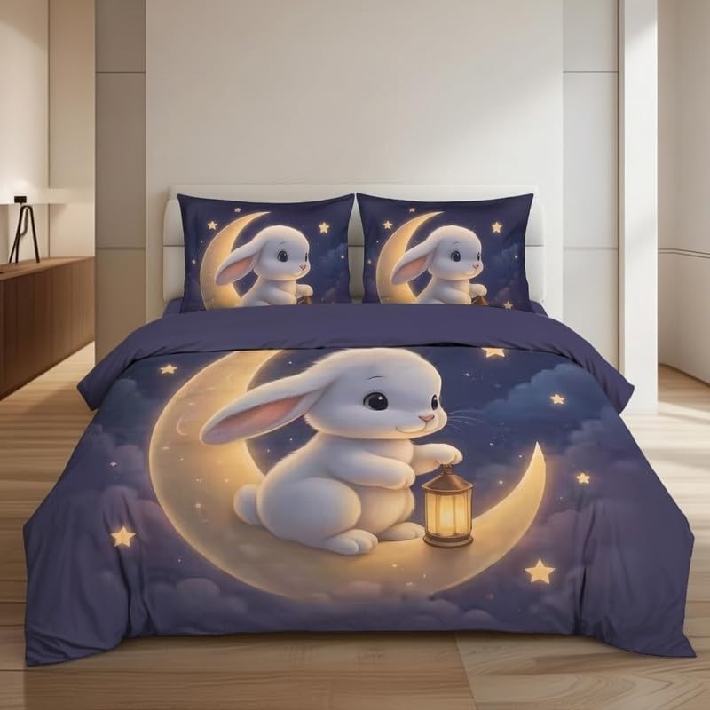 Image of DECOR WELL Premium 7D Digital Print Polycotton Double Bed Sheet with 2 Matching Pillow Covers - Soft, Wrinkle-Resistant & Vibrant Bedroom Decor - Moon Rabbit