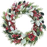 Bibelot 20 inches Christmas Wreath Red Berry Wreath Artificial Cypress Pine Needles Leaves Wreath for Front Door for Home Farmhouse Holiday Party Festival Wall Decor (B)