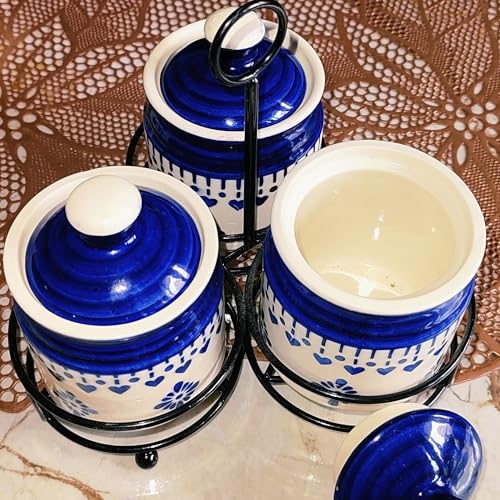 Image of Niyara Handcrafted Ceramic Pickle Jar Set, Spoons & Lids - Multipurpose Storage for Pickles, Chutneys, Spices & Condiments (Set of 3, 300ML /Each with metal tray) (Blue floral design)