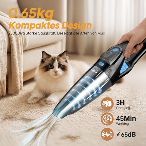 Topipop Handstaubsauger Akku mit 25000Pa Starke Saugkraft,Kabelloser Staubsauger mit HEPA-Filter & Aufsätzen–Leichter Autostaubsauger für Tierhaare,Teppich Haus, Büro, Küche
