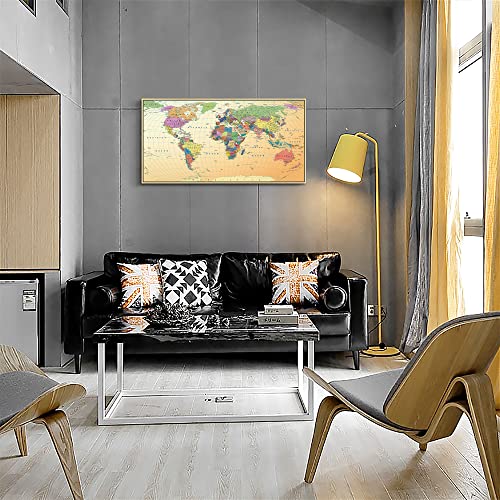 Vintage World Map Canvas Pictures Framed Wall Art For Office Large Size Wall Decor Office World Map Poster Canvas Painting Artwork Boho Home Decorations Ready To Hang Natural Wood Framed 20" X 40" #TOP3