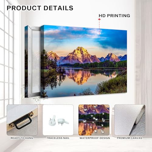 Image of Nature Forest Canvas Wall Art Rustic Snow Mountain Wall Pictures for Bathroom Decor Orange Sunset National Park Panoramic Paintings Prints Yosemite Lake Landscape Artwork Modern Home Decoration 24x36 inch