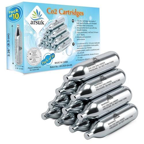 Image of ARSUK 12g CO2 Cartridges for Airsoft Guns – Pack of 10 Non-Threaded Gas Canisters – Stainless Steel CO2 Capsules for Airsoft BB Gun, CO2-Powered Devices & Gear