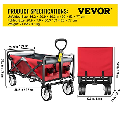 Vevor Wagon Cart, Collapsible Folding Cart With 176Lbs Load, Outdoor Utility Garden Cart, Adjustable Handle, Portable Foldable Carts And Wagons For Beach, Camping, Grocery, Red/Gray #TOP6