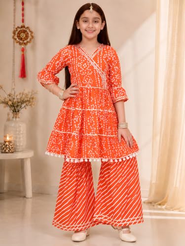 Image of Preneum Girl's Cotton Rayon Bandhani & Lahariya Printed Angrakha Kurta with Sharara & Dupatta