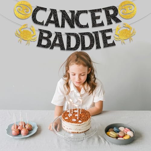 Image of Cancer Baddie Banner for June July Birthday Party Decorations, Black Gold Zodiac Cancer Birthday Banner for Horoscope, Astrology Bday Party Decor, Ideas, Jokes and Favors (Black + Gold)