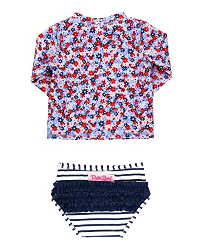 Image of RuffleButts Baby /Toddler Girls Long Sleeve Rash Guard 2 Piece Swimsuit Set w /UPF 50+ Sun Protection with Zipper