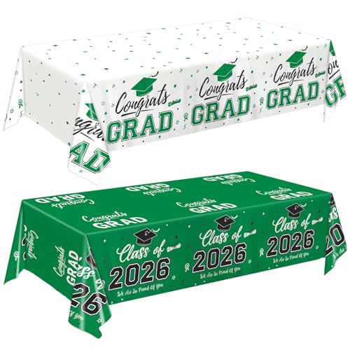 Image of Oigco 2026 Graduation Decorations, 2 Pack Green Graduation Tablecloths Class of 2026, Congrats Grad Plastic Tablecloths for Graduation Party Decorations, 54 x 108 Inch