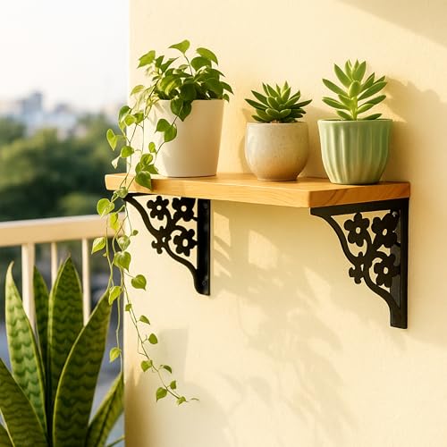 Image of Wall Shelf with Wooden Top Black|White Iron Brackets Storage Rack|Industrial Wall-Mounted Floating Shelf for Living Room,Kitchen,Bathroom (Black Triple Floral Small)