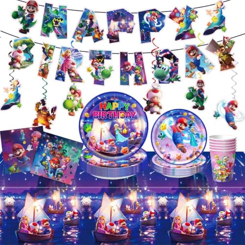 88PCS For Latest Mario Party Supplies: 6 Hanging Swirls 20 Napkins 20 Cups 20 Plates 9 inch 20 Plates 7 inch 1 Banner 1 Tablecloth for Mario Birthday Party Decorations