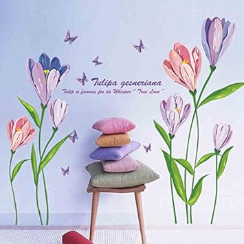 Amazon ウォールステッカー 壁紙ポスター おしゃれ 北欧 木 花 紫チューリップ ロマンチック 大きめサイズ バスルーム キッチン ベッドルーム ダイニング リビング ルームミラー オフィス 寮 ホーム 廊下 玄関 Diy モダンアート M0026 ウォールステッカー オンライン通販