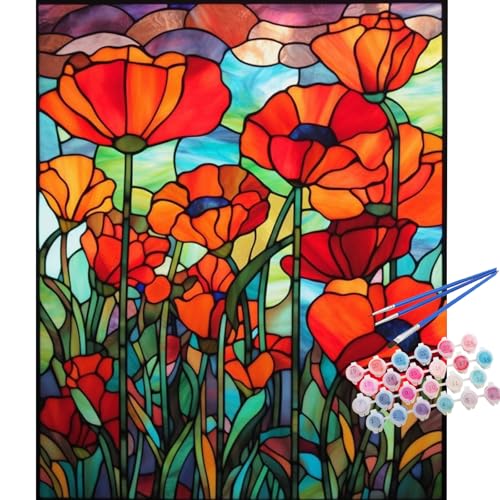 TOCARE Stained Glass Paint by Numbers Kit for Adults Beginners, Flowers Paint by Number for Adults, Simple Oil Painting Adult Paint by Numbers Red Poppy 16x20inch