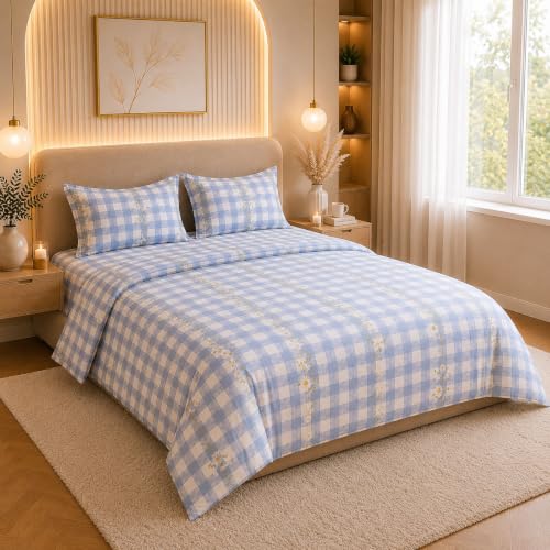 Image of THE HOME STYLE Supersoft Glace Cotton Elastic Fitted All Around King Size Printed Double Bedsheet with 2 Pillow Cover & King Size Comforter /Duvet /Blanket (72 inchx78 inch + Comforter, Daisy Check)