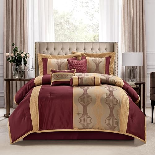 Stratford Park Wine Gold 7 Pieces Lightweight Microfiber Bed-in-a-Bag Comforter Bedding Set, Jacquard Queen Comforter Set, All Season Bedroom Home Décor