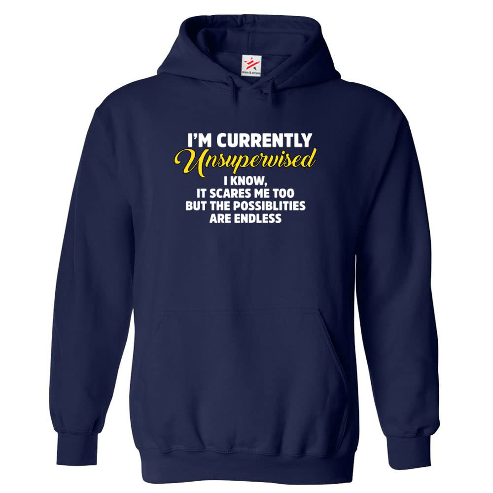 Stars and Stripes I'm Currently Unsupervised I Know, It Scares Me Too But The Possibilities Are Endless Unisex Classic Adults Pullover Hoodie (S, Navy)