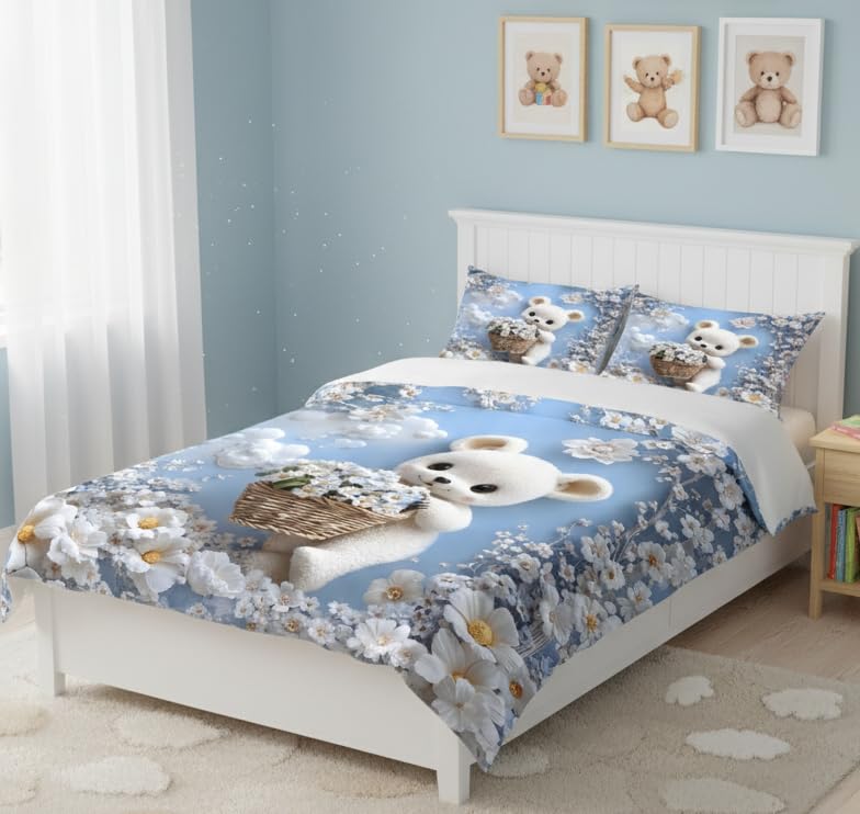 Image of Premium 7D Printed King Size Bedsheet Set with Pillow Covers Soft Cotton Blend Double Bedsheet for Home (Pillow Covers :18x28 inches Bedsheet :90x100 Blue,White)