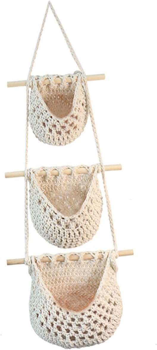 Hanging Fruit Basket Kitchen Organizer Woven Cotton Rope Storage for Fruits Vegetables Space-saving Wall-mounted Basket Rack Gift for Housewarming Thanksgiving Christmas