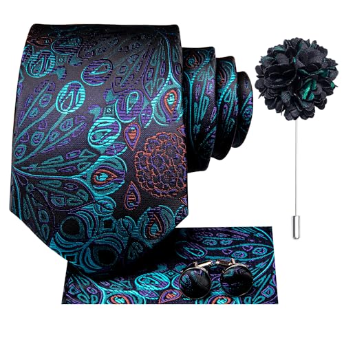 Image of Hi-Tie Men's Tie Lapel Pin Set Pocket Square Cufflinks Formal Woven Silk Tie Sets Wedding Party
