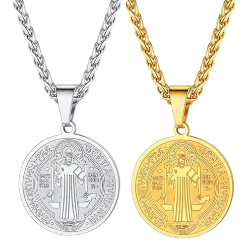 QEQSHQO 2pcs Collier Saint Benoît Pendentif Saint Patron Contre le Mal en Acier Inoxydable avec Chaîne Réglable Bijoux de Protection pour Femmes Hommes