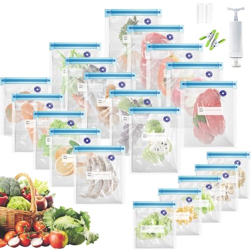La mejor selección de Bolsas para aspiradoras de mano del mes. 45 Bolsas Reutilizables para Alimentos,kit de 4 tamaños con bomba, Selladora al Vacío de Mano, Conjunto de 20 bolsas de alimentos al vacío reutilizables para Conservar Alimentos...