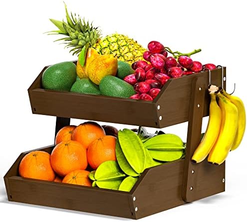 Gmtsl Bamboo Fruit Basket - 2-Tier Kitchen Counter Organizer With Banana Hooks, Great For Fruits & Snacks