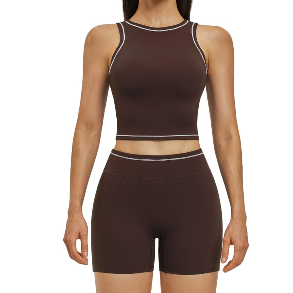 Xyffybhsd Women's Brown Color Blocking Slim Fit Breathable High Collar Gym Crop Top High Waist Butt Lifting Gym Fitness Shorts Yoga 2-Piece Set(Size:m,Color:brown)