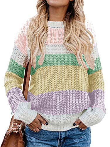 Ybenlow Womens Color Block Oversized Sweaters Cable Knit Loose Striped Chunky Crewneck Pullover Jumper Tops Pink