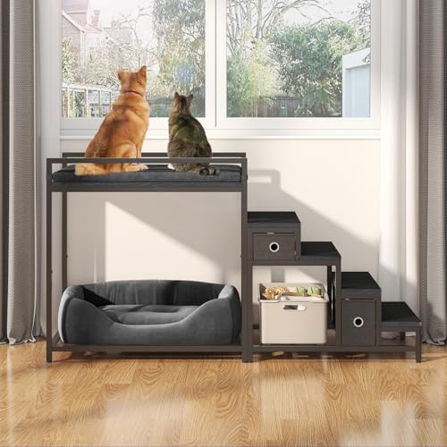 Saudism Pet Bunk Bed with Removable Stairs and 2 Drawers Dogs/Cats Window Perch Dog Window Seat with Soft Cushion Ultra-Shallow Steps Sturdy Metal Frame Non-Slip Load Capacity 60 LBS