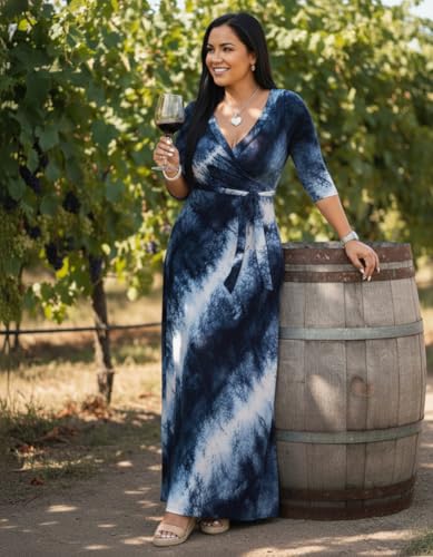 Image of PinkPatty Women's Print Maxi Dresses 3 /4 Sleeve Flowy Long Dress V Neck Wrap Tie Waist Sundress