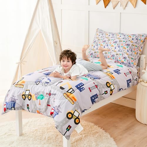 Image of lasoftan Construction Toddler Bedding Set for Boys, 4 Piece Bed-in-a-Bag Toddler Comforter Sets, Excavator, Cars Printed, Super Soft and Comfortable Microfiber Todeeler Bed Set