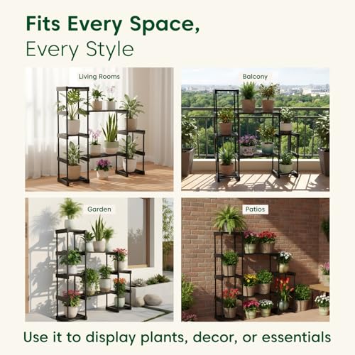 Image of KYARI 7 Tier Metal Plant Stand - Heavy Duty Black Powder Coated Vertical Plant Rack | Rust-Proof Multi Layer Flower Pot Stand for Balcony, Living Room & Outdoor Use (DIY Assembly Required)