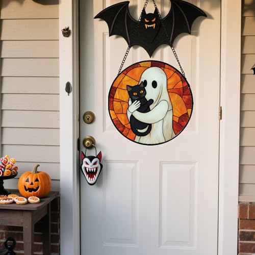 Image of Stained Glass Window Hanging - Halloween Decorations White Ghost Black Cat Suncatcher for Doors Garden Spooky Funny Orange Sun Catchers Gothic Decor Horror Gifts for Women Men Friend 9.8 in