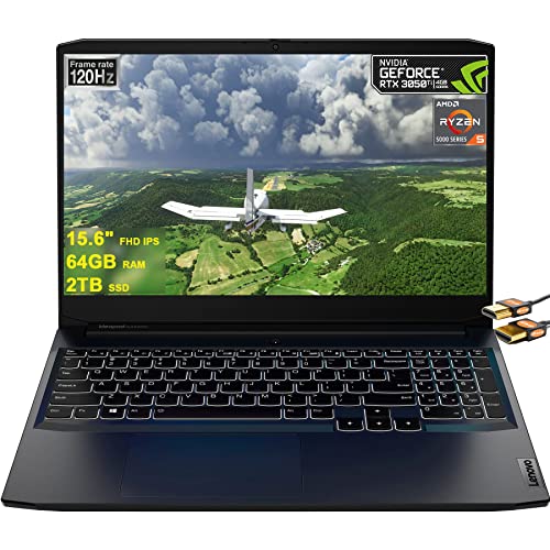 Lenovo IdeaPad Gaming 3 15 Laptop 15.6' FHD IPS 120Hz (DC dimmer) AMD Ryzen 5000 Series Hexa-Core Ryzen 5 5600H 64GB RAM 2TB SSD GeForce RTX 3050 Ti 4GB Backlit USB-C Win11 Black + HDMI Cable