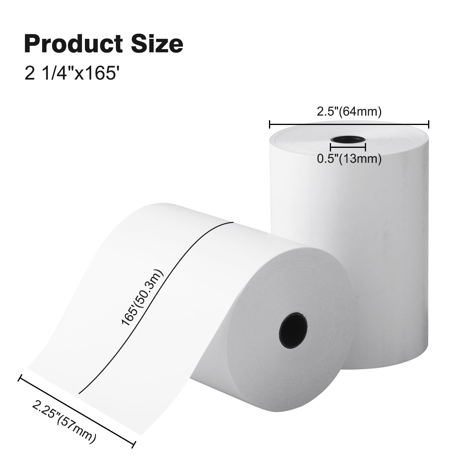 Papel térmico, papel térmico de 2 1/4 pulgadas x 165 pies, papel de caja registradora y papel de recibos POS, calidad premium de 55 g/m², se adapta a todos los terminales de tarjetas de crédito, sin