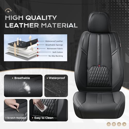 Image of Coverado Car Seat Covers Full Set, Leather Seat Cover for Car with Lumbar Support, Black Seat Covers for Front and Back, Waterproof Car Seat Protector Car Seat Cushion Universal Fit for Most Vehicles