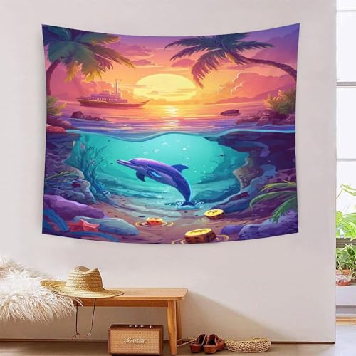 Tapisserie murale dauphins 3D pour décorer un salon ou une chambre de 180x230 cm