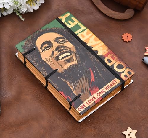 Image of Recycled Handmade Bob Marley Journal Diary (5x7 Inches) | Eco-Friendly Antique Paper Notebook with Elastic Closer & Hand-sewn Binding