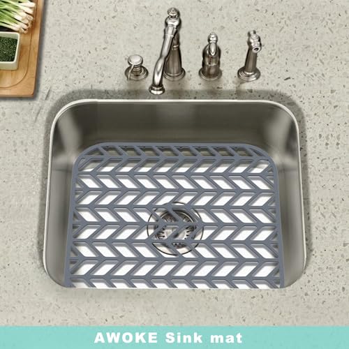 AWOKE Sink Protectors for Kitchen Sink - 12.25" x 11.5" Sink Mat - Heat-resistant Easy-clean Silicone Sink Mat - for Protection of Stainless Steel Sink (Grey)