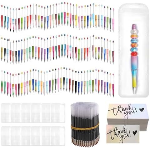 Olutacot 600 Pcs Plastic Beadable Pens Bulk Beadable Pens Kit 120 Ballpoint Pen Black Ink Beaded Pens with 240 Refills 120 Pen Packaging Bags 120 Thank You Cards for School DIY Making Office Supplies Cover