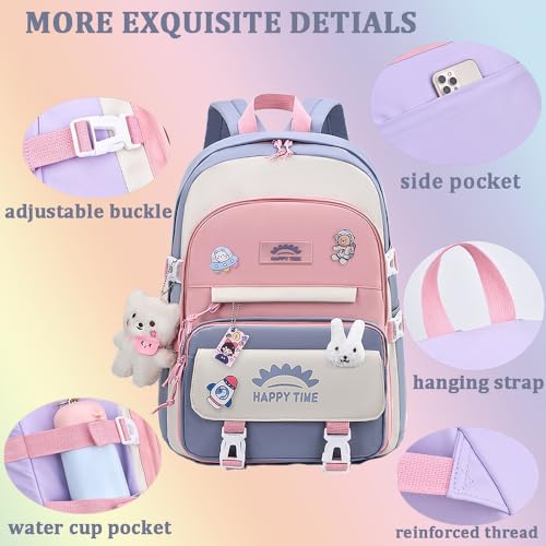 3pcs Girls Backpack, Kawaii School Backpack For Kids Children With Lunch Bag and Pencil Case (rabbit-blue)3